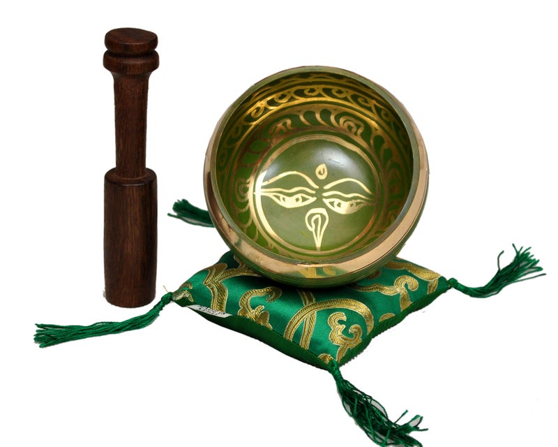 Dharma Store Tibetan Singing Bowl Set By Dharma Store - With Traditional Design Tibetan Buddhist Prayer Flag - Handmade in Nepal (Green) - Image 2